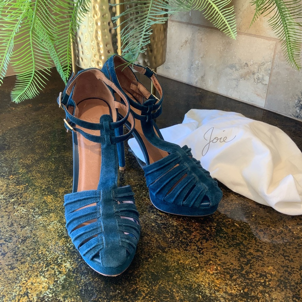 Joie Teal Strappy Suede Platform Heels 
Size 37 1/2